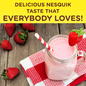 Pantry shelf with Nesquik Strawberry Powder canisters stored neatly.