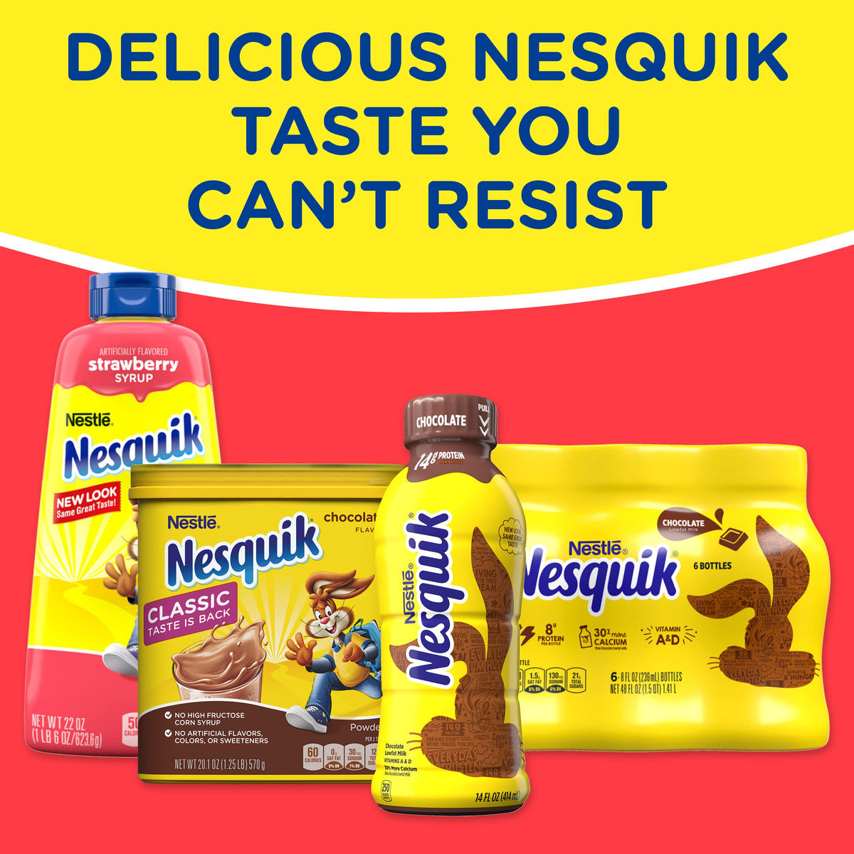 Nesquik Strawberry Powder being poured into a glass of milk.