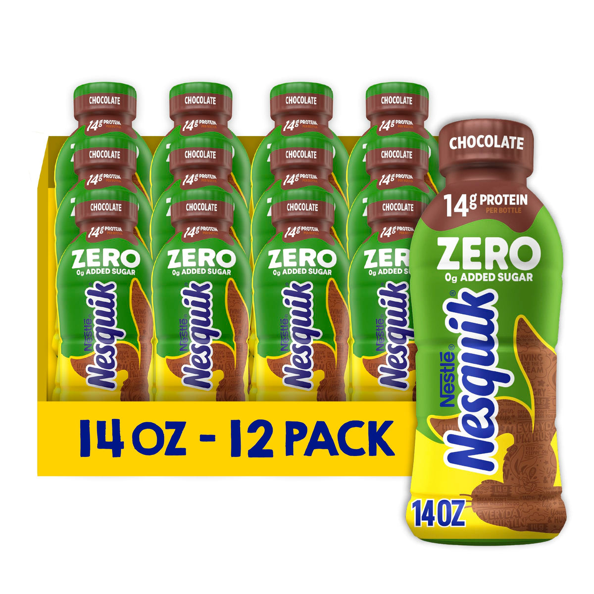 Nesquik Zero Sugar chocolate milk bottle on fridge, ready for a quick protein-rich sip.
