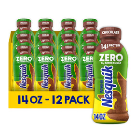 Nesquik Zero Sugar chocolate milk bottle on fridge, ready for a quick protein-rich sip.