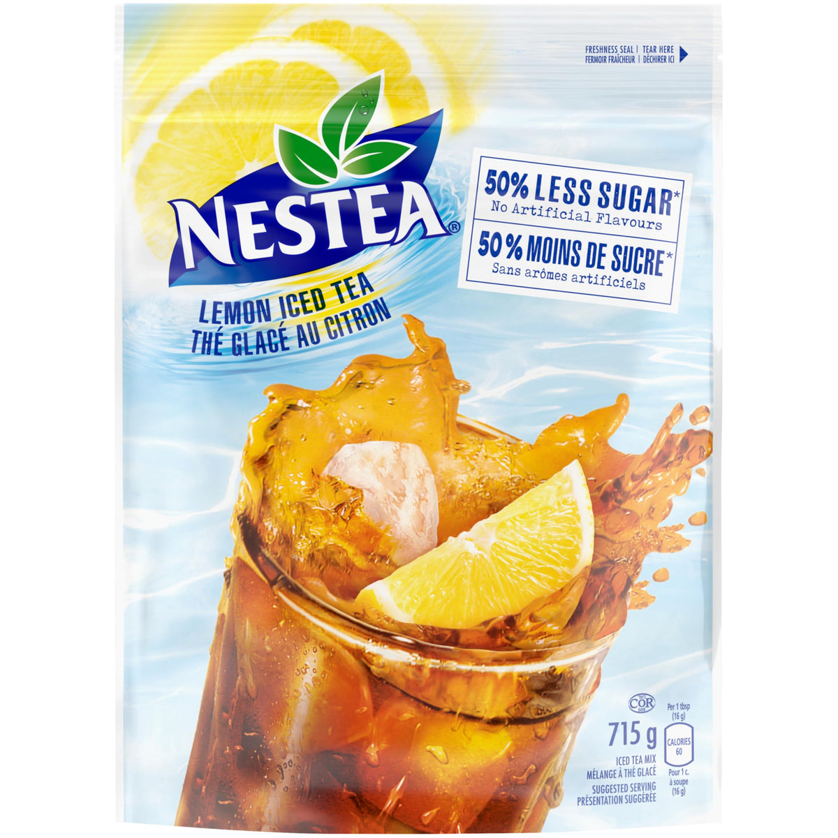 Nestea Lemon Iced Tea Mix packaging showcases convenient ready-to-use pouch for home brewing