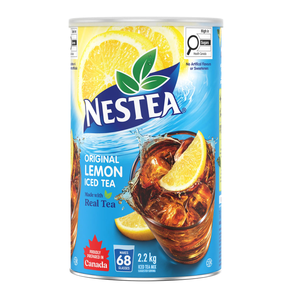 Nestea Original lemon tea can closeup showing compact bulk packaging for quick mixing