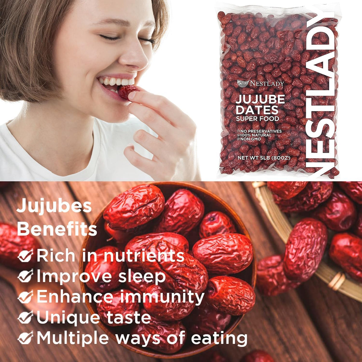 NESTLADY jujube dates close-up bites, highlighting chewy texture and natural sweetness