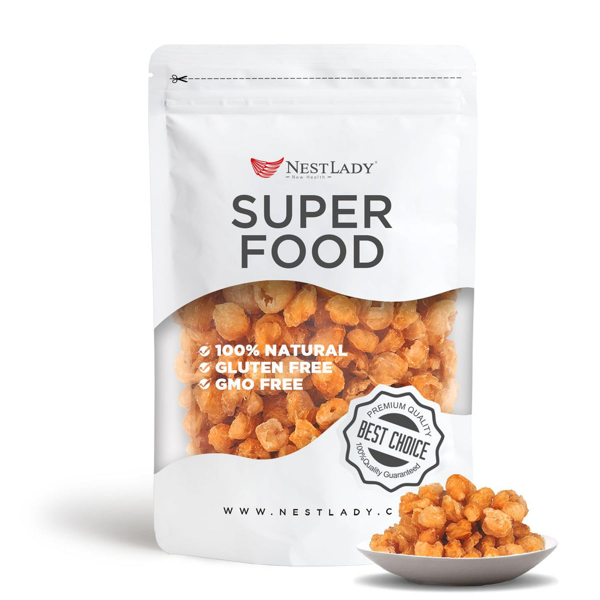 Nestlady Premium Dried Longan packaging highlights a natural, no sugar added snack for on-the-go