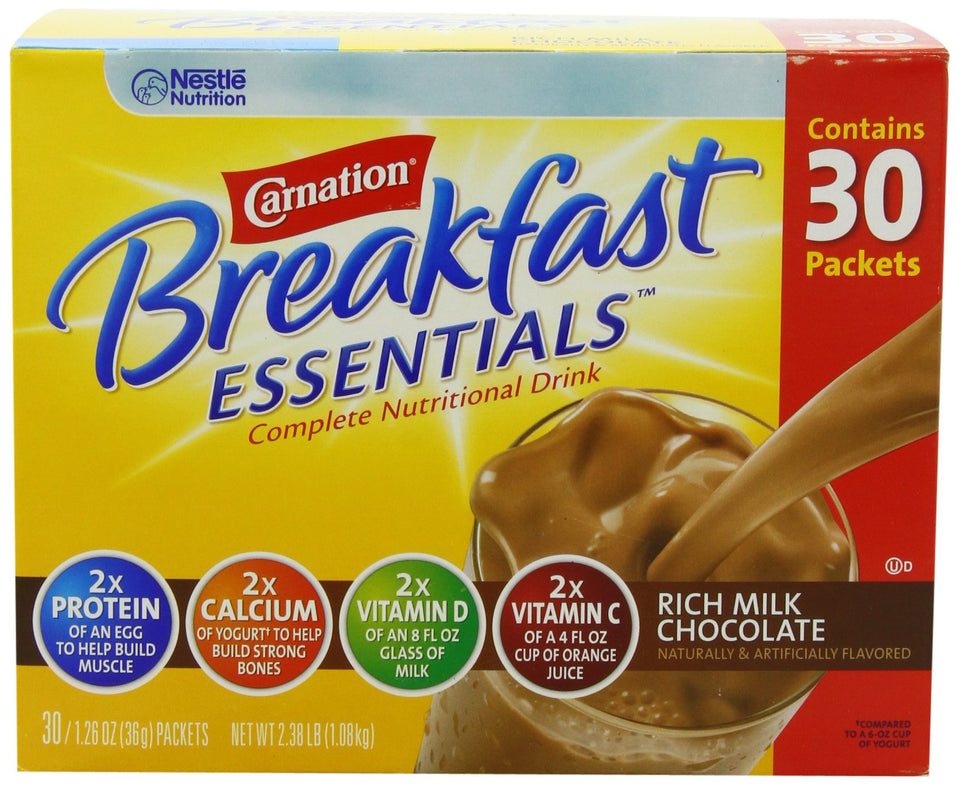 Nestle Carnation Breakfast Essentials rich milk chocolate packets for a quick, balanced breakfast.