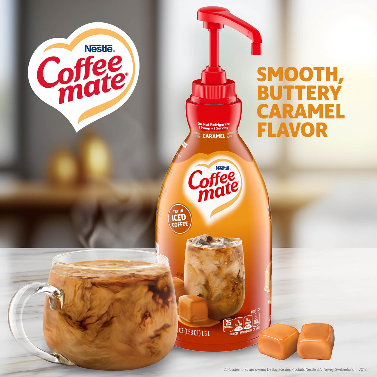 Nestle Coffee mate Caramel creamer poured into coffee demonstrating ease of use
