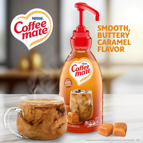 Nestle Coffee mate Caramel creamer poured into coffee demonstrating ease of use