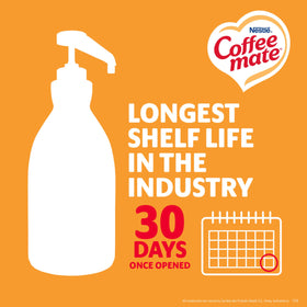 Pouring Caramel Coffee mate pump into a mug for quick flavoring