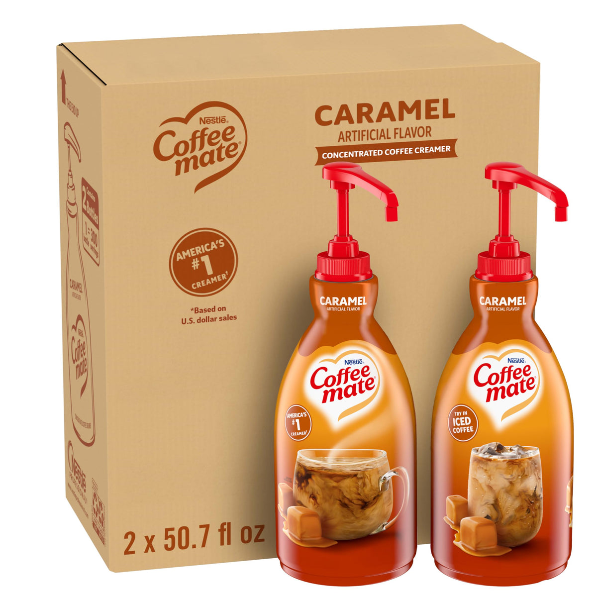 Nestle Coffee mate Caramel pump bottle closeup showing rich caramel flavor