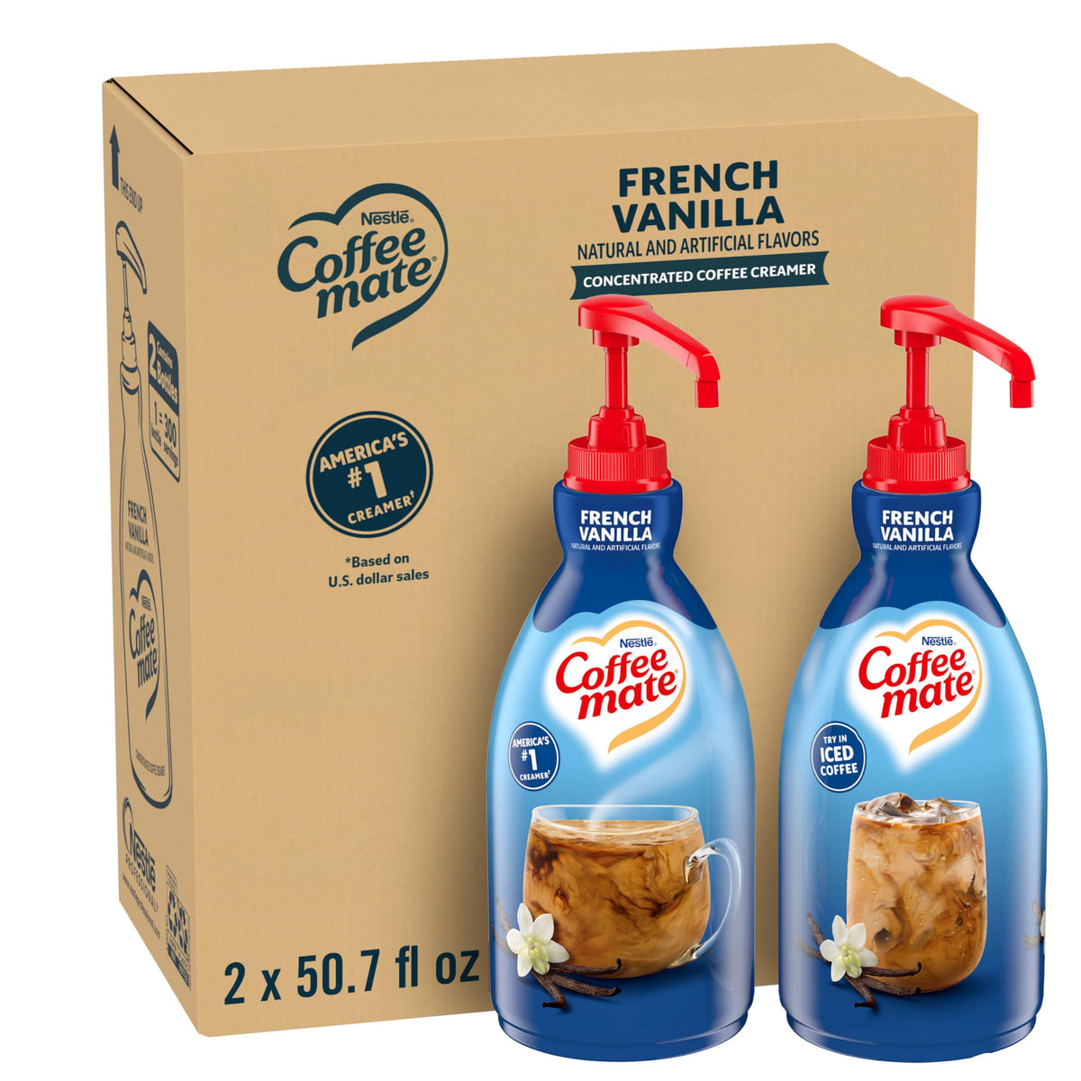 Nestle Coffee mate French Vanilla pump bottle top view for quick, fridge-free flavor.