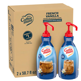 Nestle Coffee mate French Vanilla pump bottle top view for quick, fridge-free flavor.