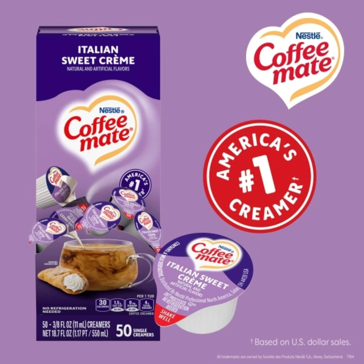 Close-up of Nestle Coffee Mate Italian Sweet Creme liquid cups ready to blend into coffee