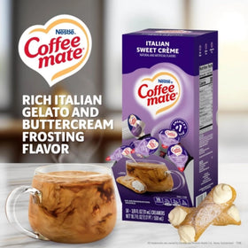 Non-dairy label on Nestle Coffee Mate Italian Sweet Creme highlighting cholesterol-free option