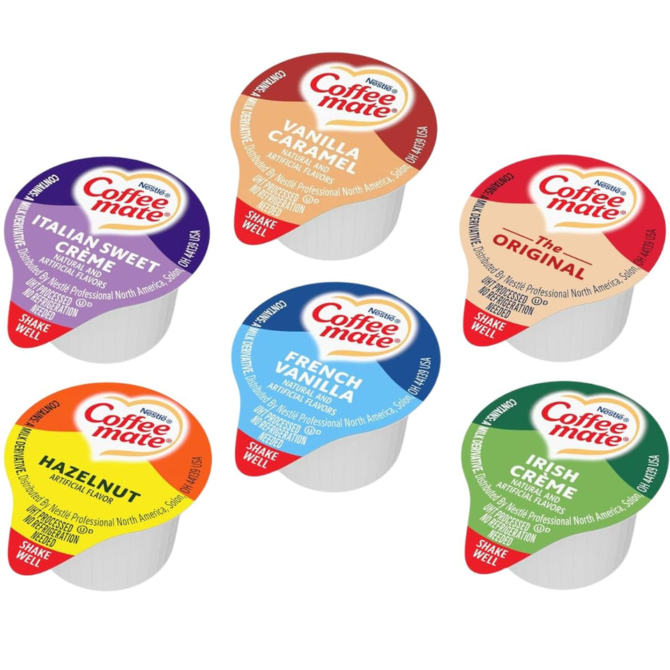 Nestle Coffee mate liquid creamer singles variety pack, front view for home coffee upgrades.