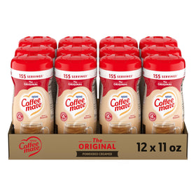 Coffee Mate Original powder creamer in canister beside coffee for rich flavor