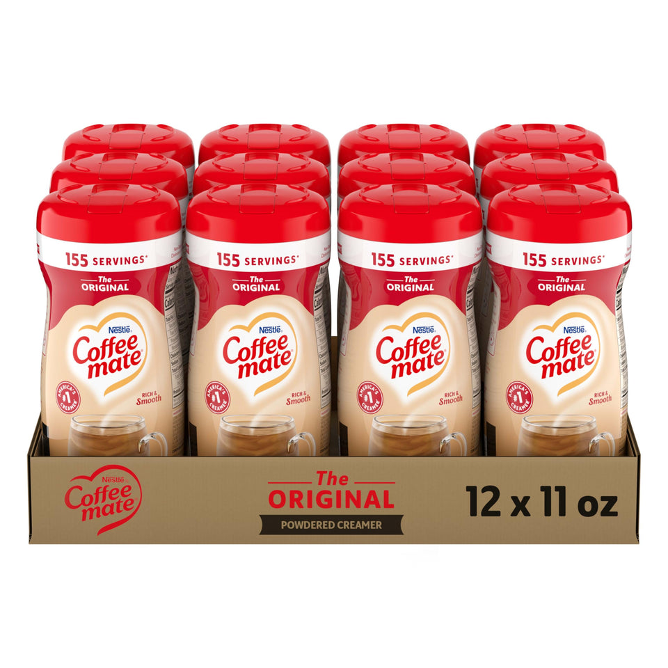 Coffee Mate Original powder creamer in canister beside coffee for rich flavor
