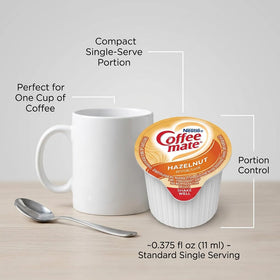 Nestle Coffee mate six-flavor display at office breakroom, easy mess-free coffee customization.