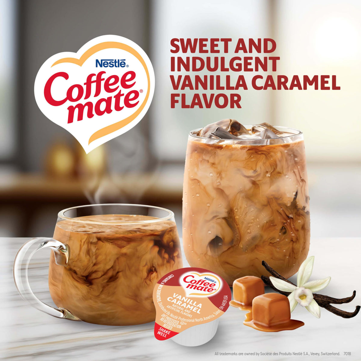 Nestle Coffee mate Vanilla Caramel creamer singles poured into a cup for coffee boost.