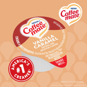 Nestle Coffee mate Vanilla Caramel non-dairy, gluten-free option for coffee.