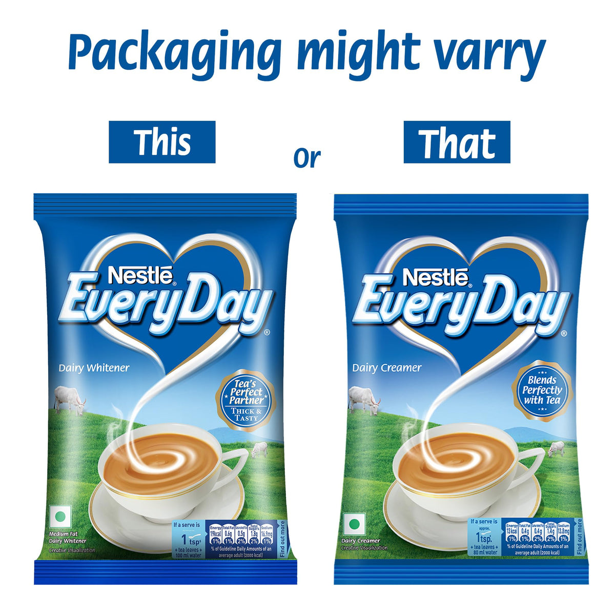 Nestlé Everyday Dairy Whitener 400g pouch back with measurements and logo.