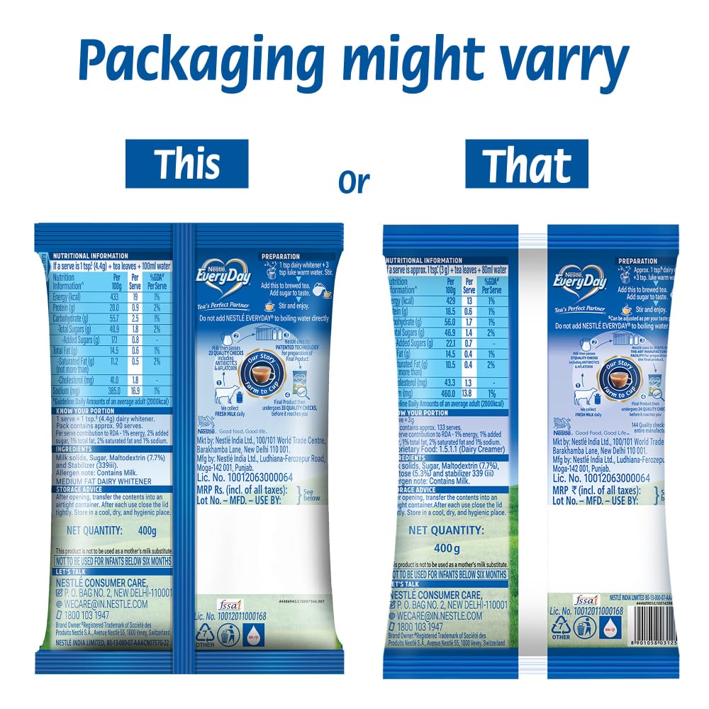 Nestlé Everyday Dairy Whitener with scoop for quick, mess-free use.