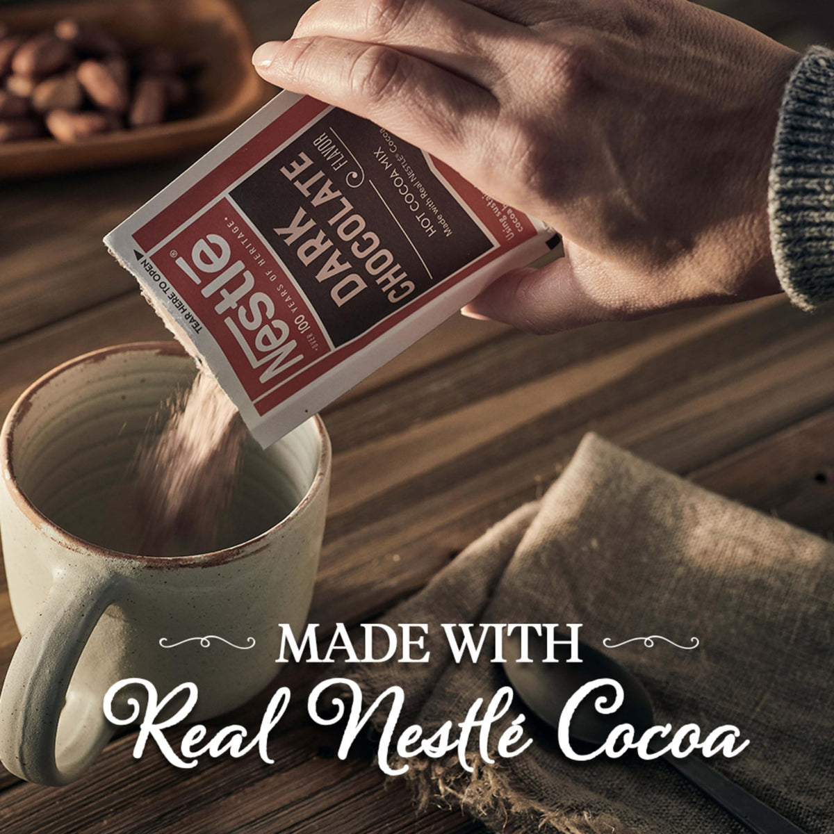 Nestlé Hot Cocoa dispenser box visual demonstrates organized serving in busy settings