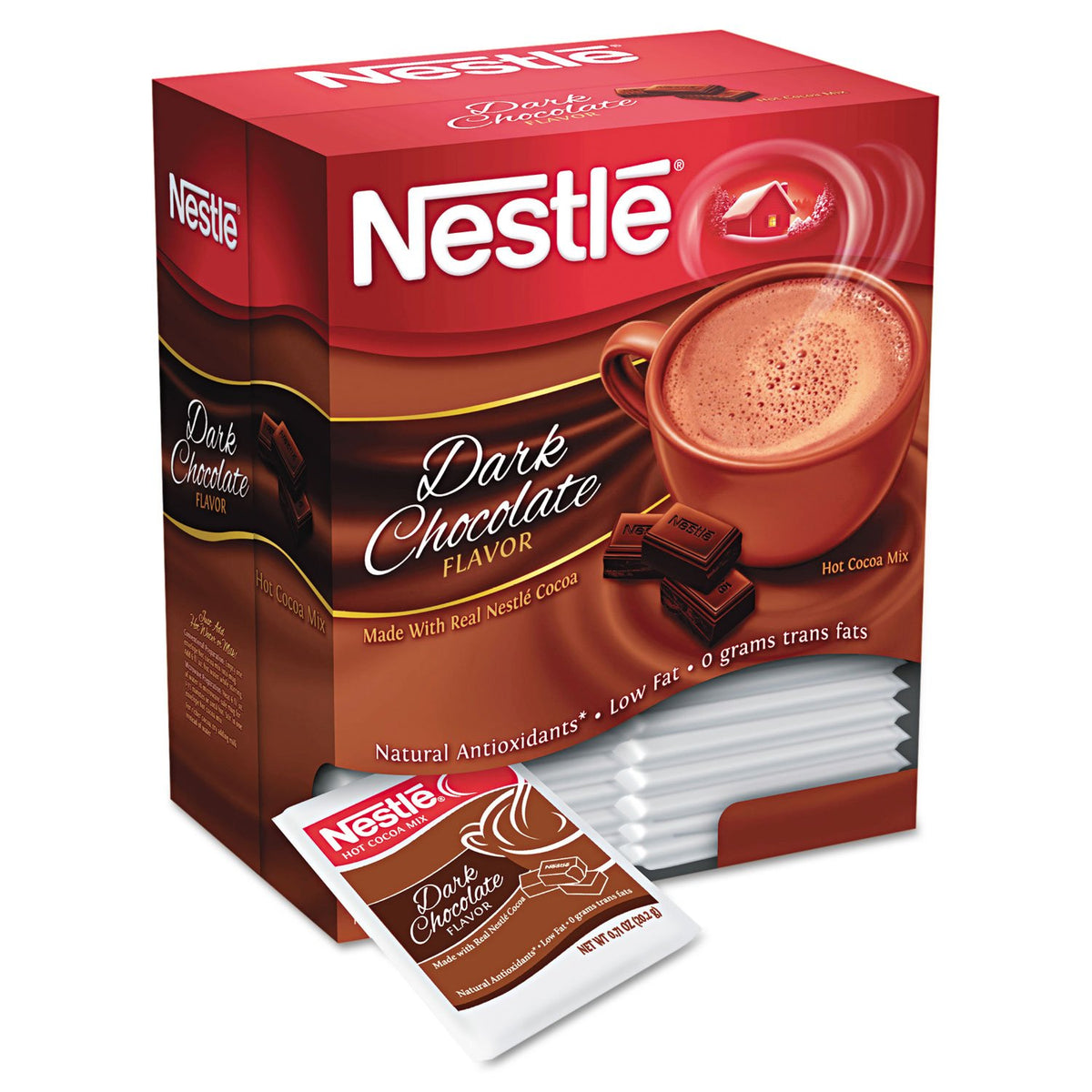 Nestle hot cocoa mix in dark chocolate flavor, single-serve packets for quick indulgence.