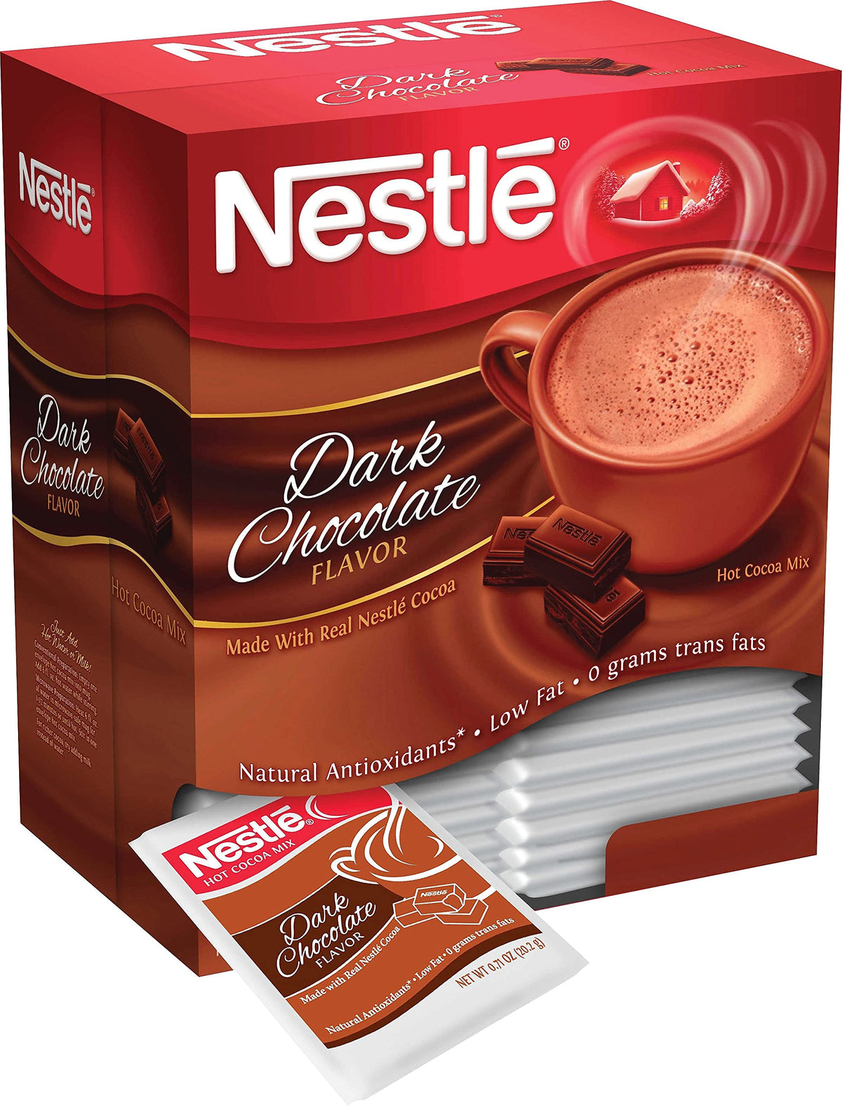 Nestle hot chocolate cocoa mix in cup scene, rich aroma and smooth melt.