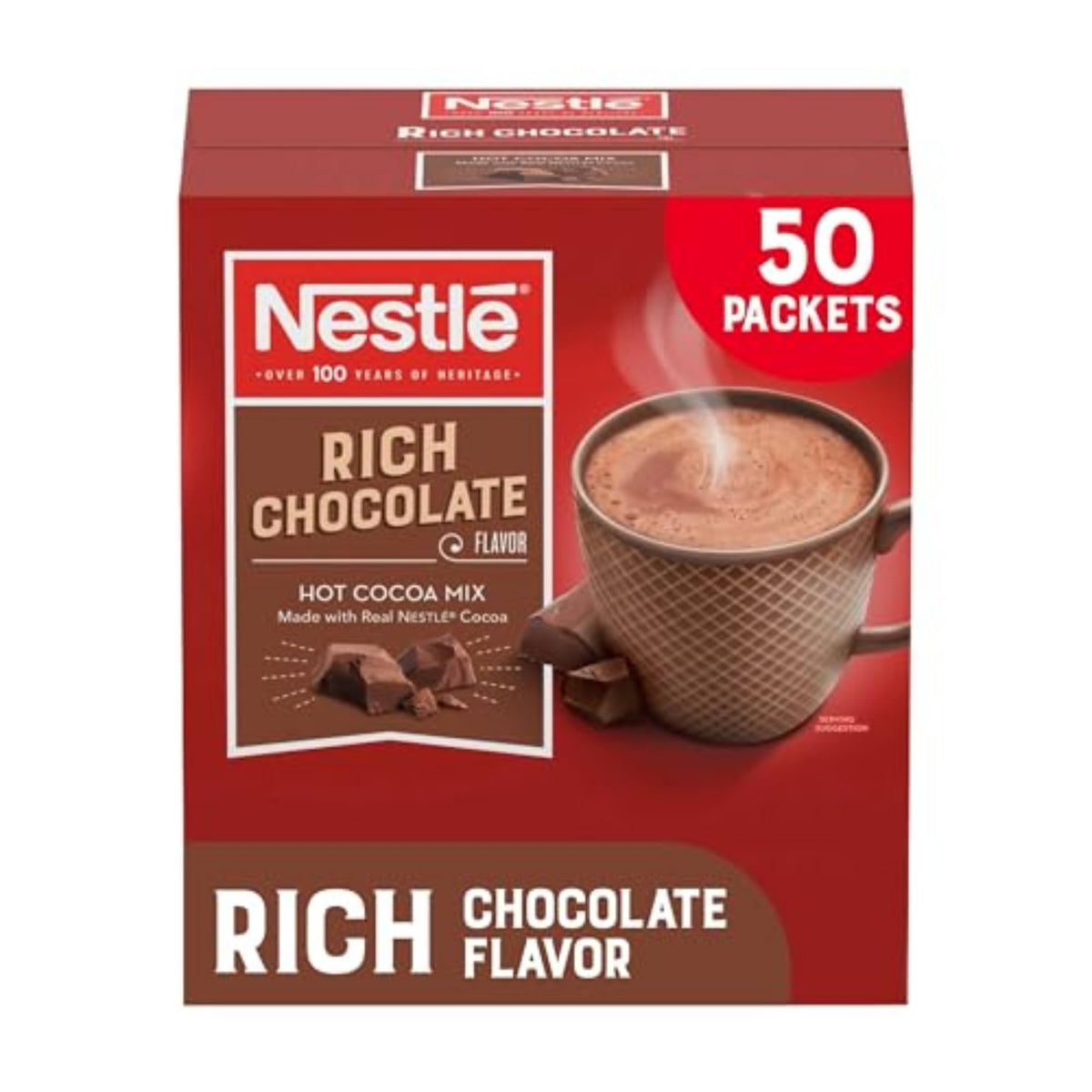 Nestlé Hot Cocoa packaging with 50-count sachets for quick indulgence.