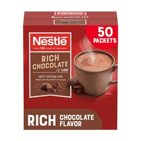 Nestlé Hot Cocoa packaging with 50-count sachets for quick indulgence.