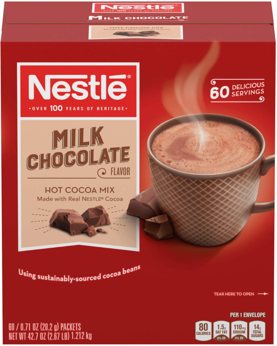 Nestle Hot Cocoa packets in a dispenser box for organized serving.