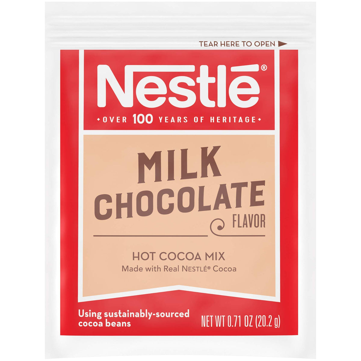 Nestle Hot Cocoa sachet close-up showing real cocoa.