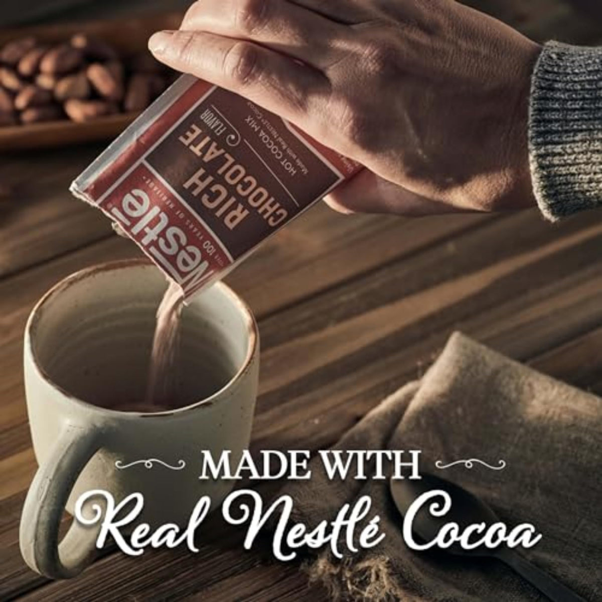 Nestlé Hot Cocoa sachet close-up highlighting real cocoa.