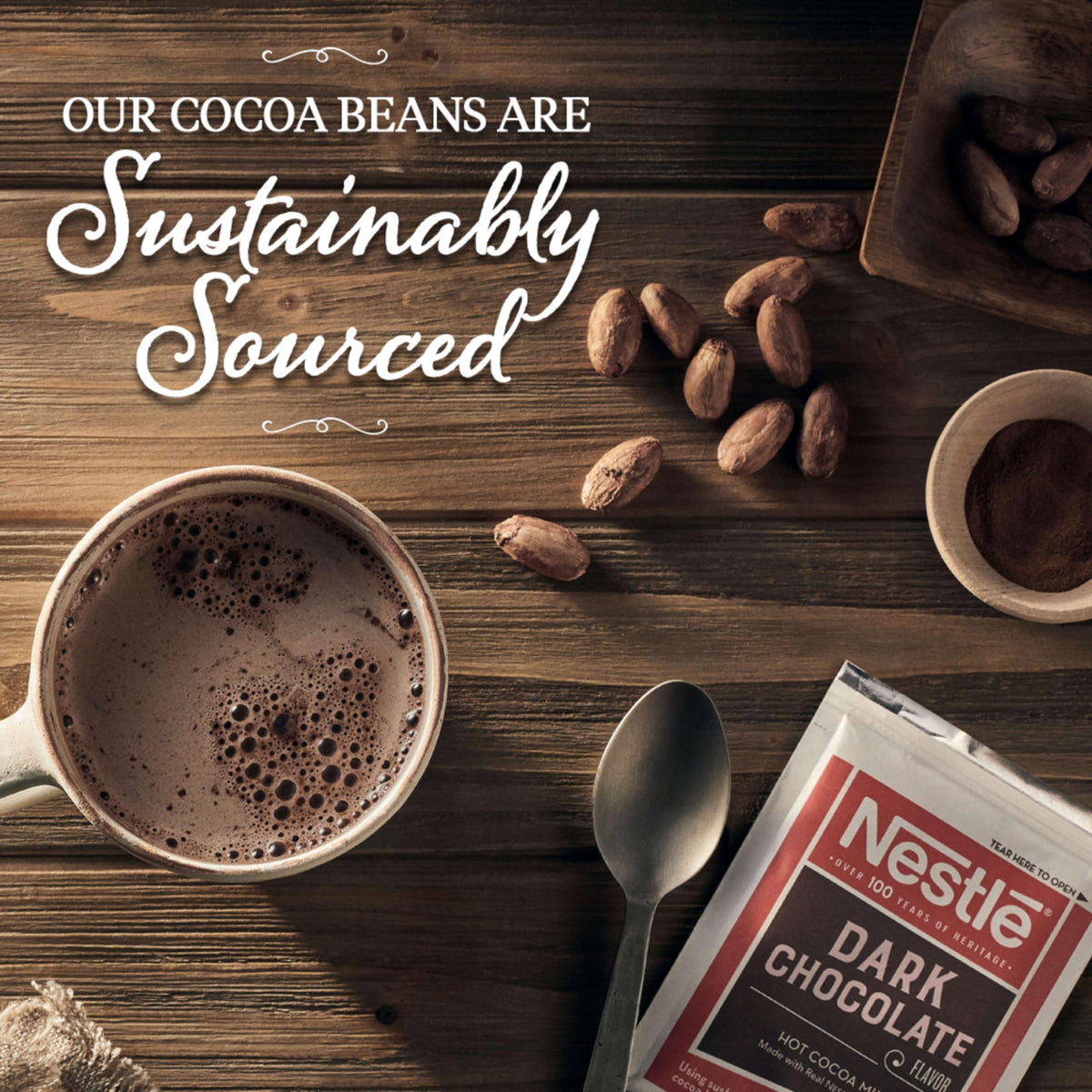 Nestlé Hot Cocoa serving 6-8oz visual suggests rich cup with hot water or milk