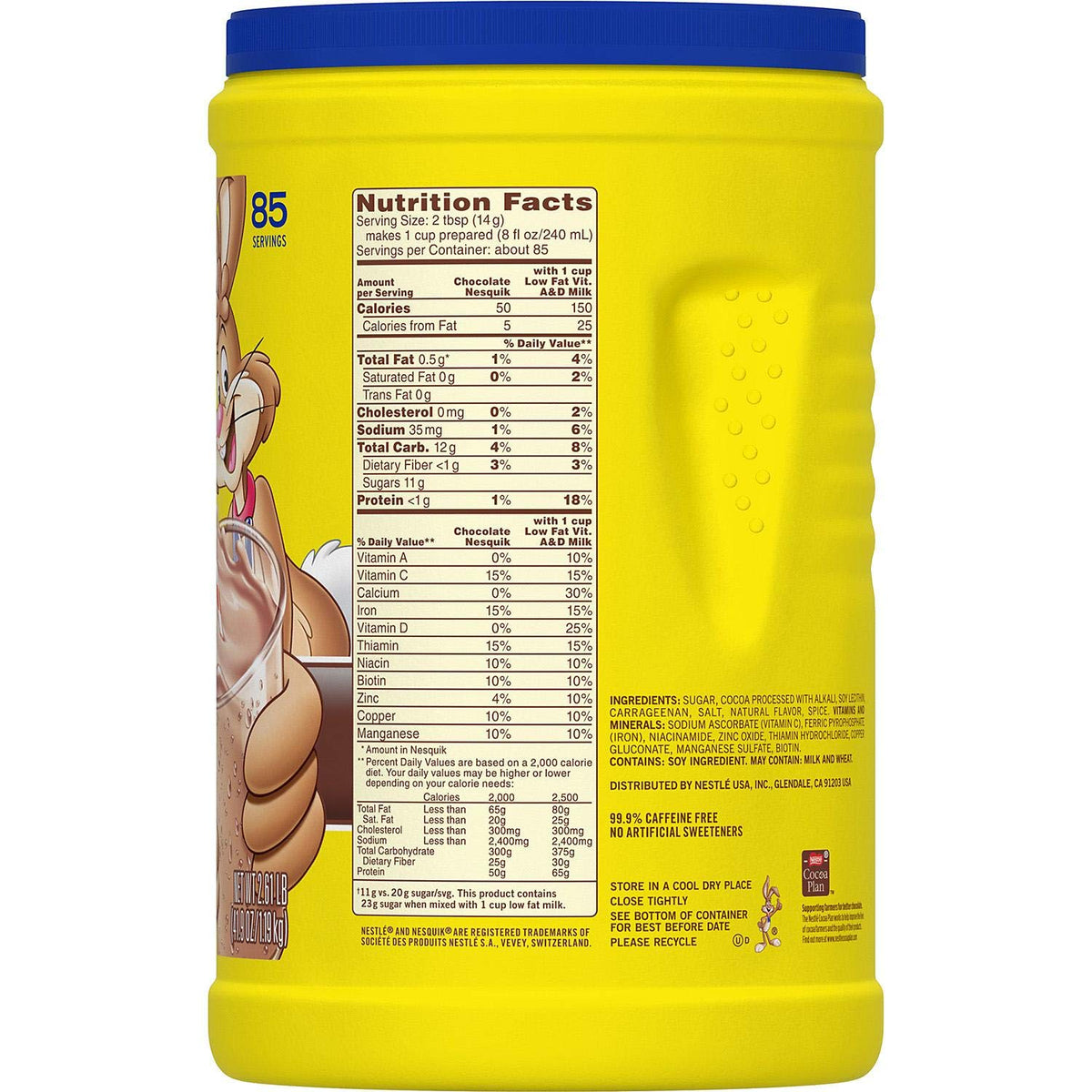 Pouring Nesquik chocolate milk into a glass for a creamy treat
