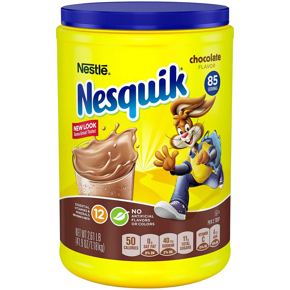 Nestle Nesquik chocolate powder canister with real cocoa for an easy protein boost to milk