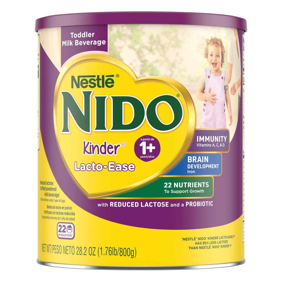 Nestlé NIDO Lacto-Ease toddler milk powder in a jar supports daily nutrition.