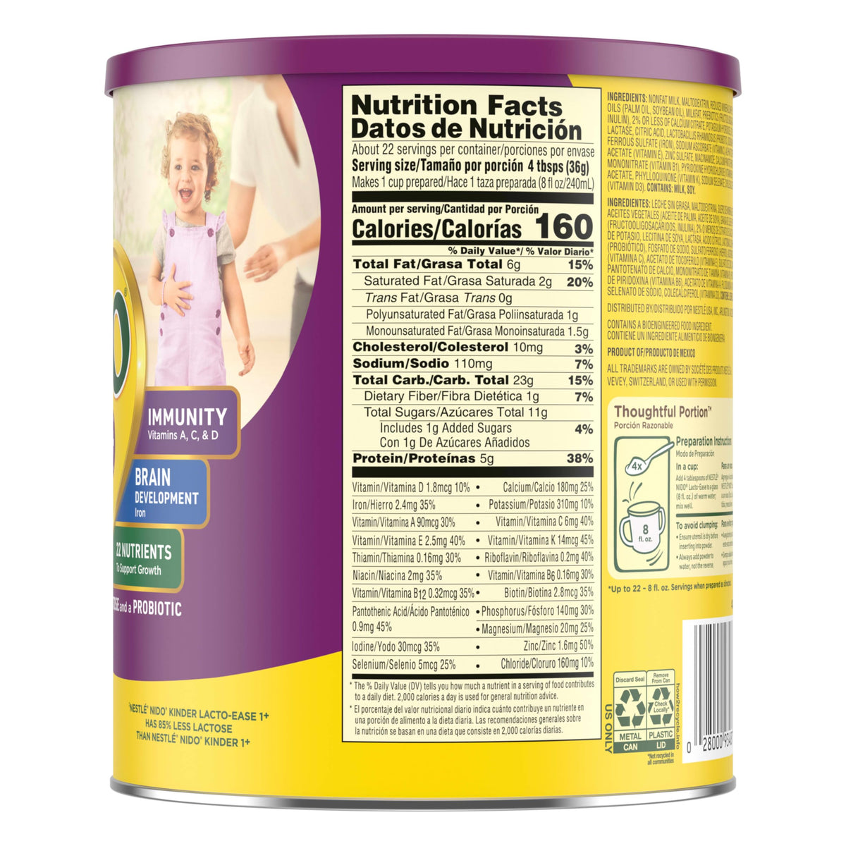 Nestlé NIDO Lacto-Ease nutrition label highlights essential vitamins and minerals.