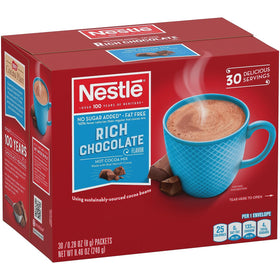 Close-up of Nestle No Sugar Added cocoa packets showing calories per packet