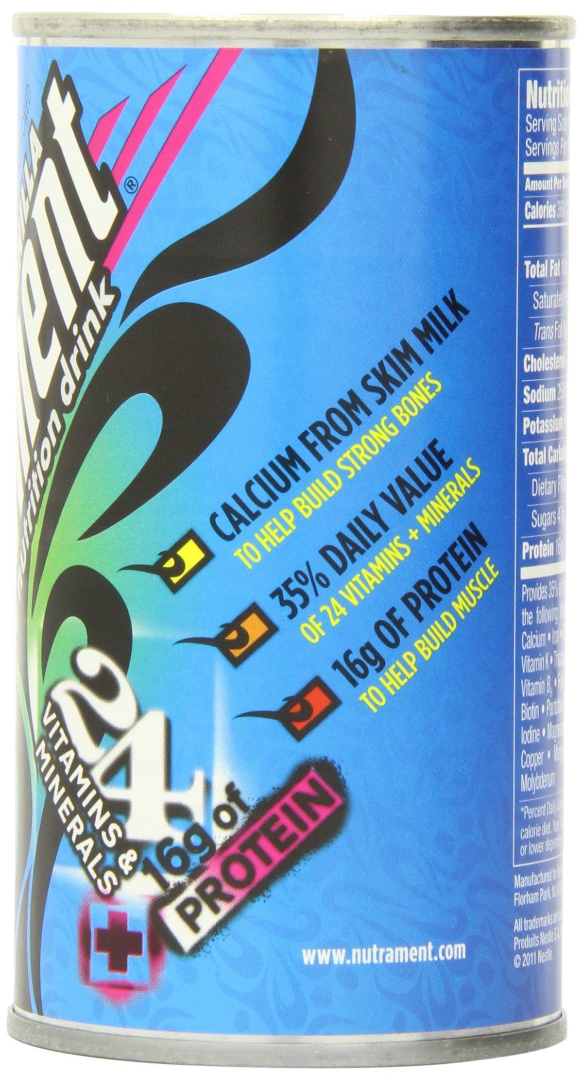 Nestle Nutrament Vanilla can nutrition facts highlight 360 calories and 16 g protein.