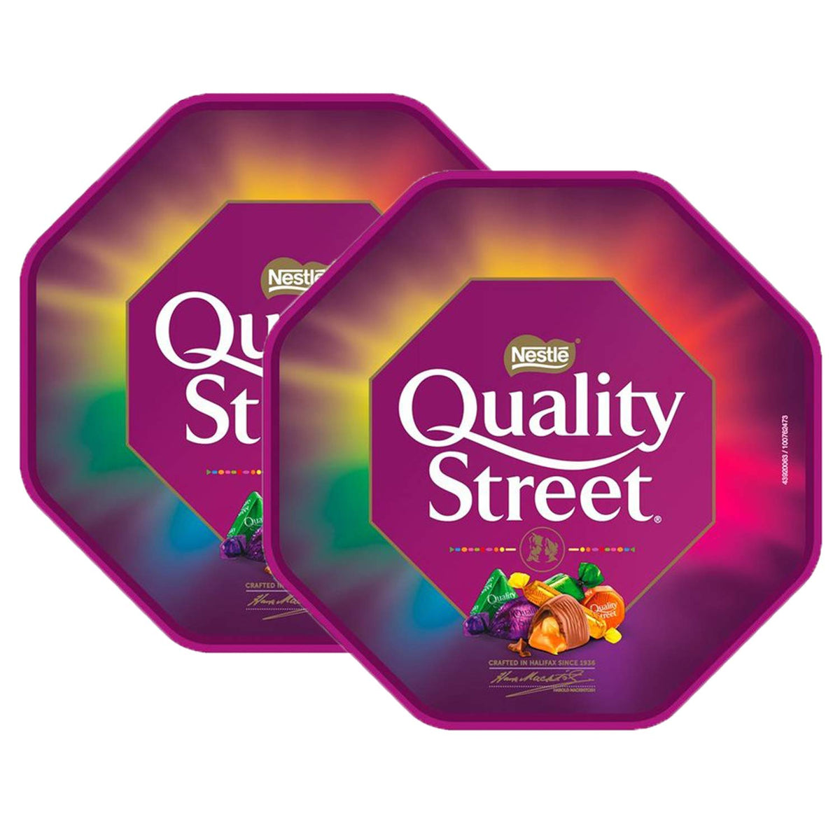 Nestle Quality Street 550g lid open closeup highlighting freshness.
