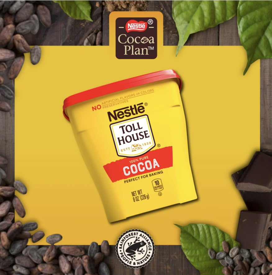 Nestle Toll House baking cocoa close-up highlighting deep cocoa powder texture.
