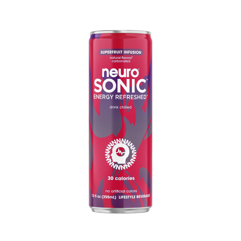 Neuro Sonic Superfruit Infusion 12oz can, refreshing energy boost with vegan ingredients.