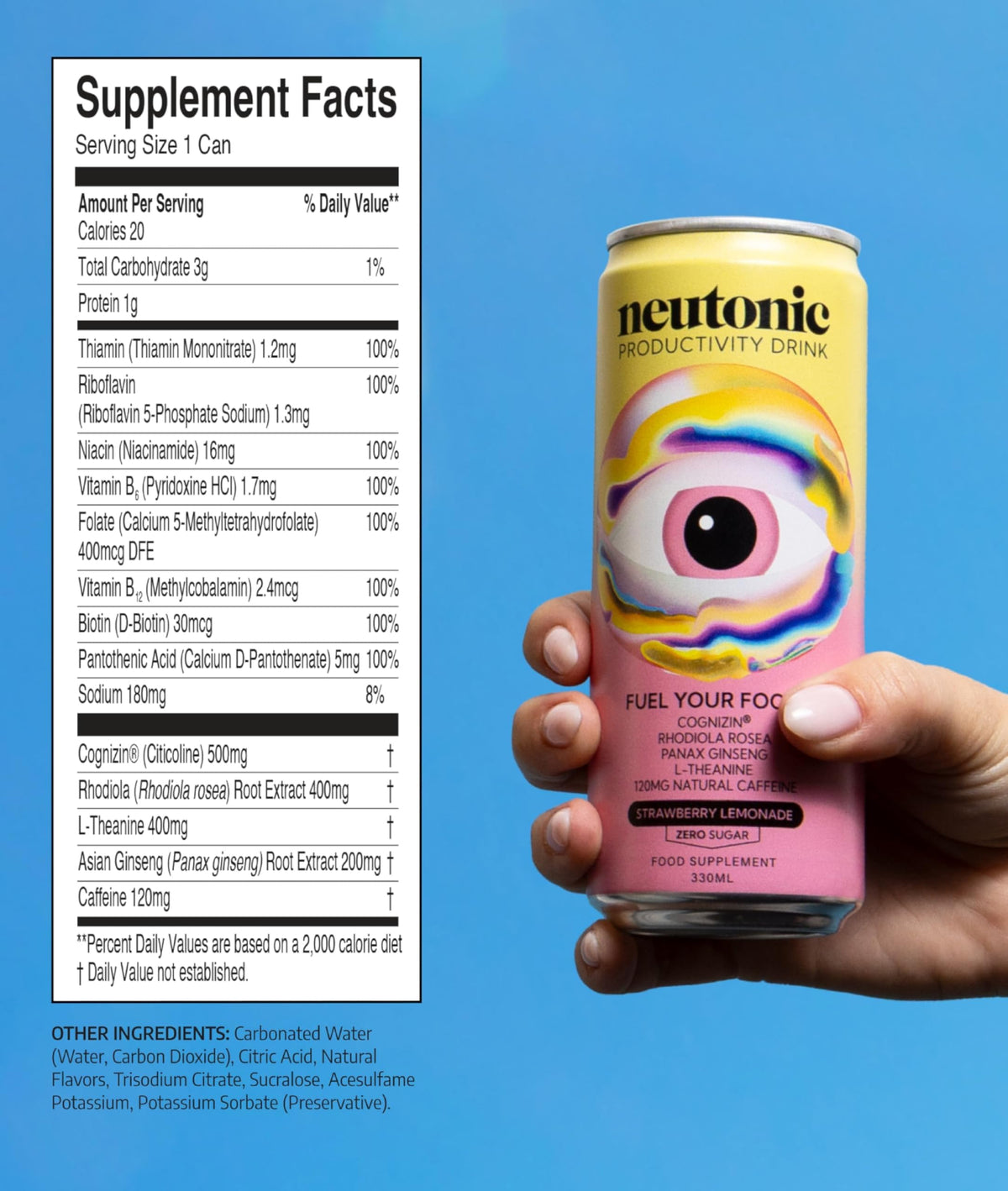 Neutonic product shot highlights strawberry lemonade flavor and modern design