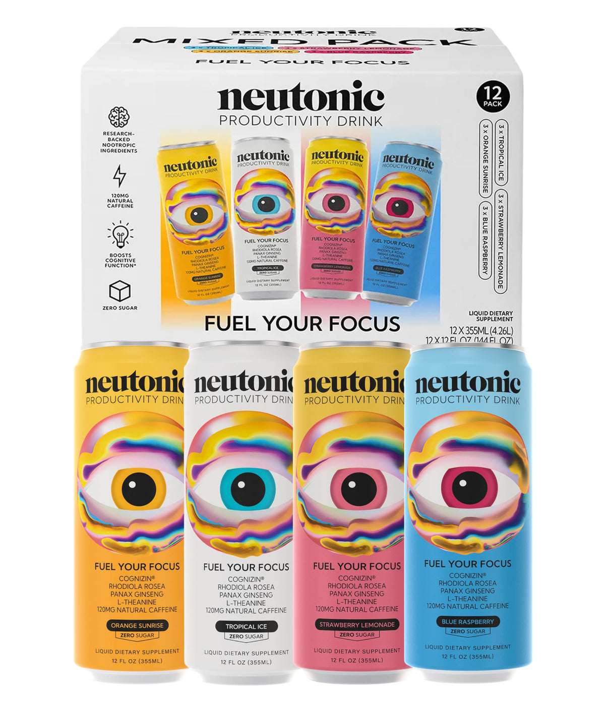 Neutonic can with 120mg caffeine badge indicating steady energy.
