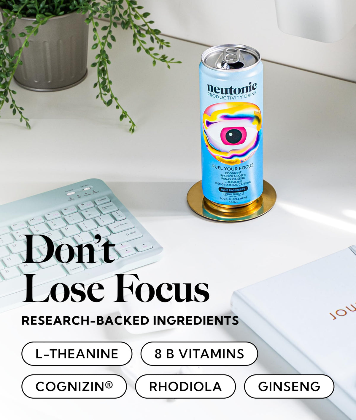 Neutonic blue raspberry can shown in side view for quick cognitive boost.