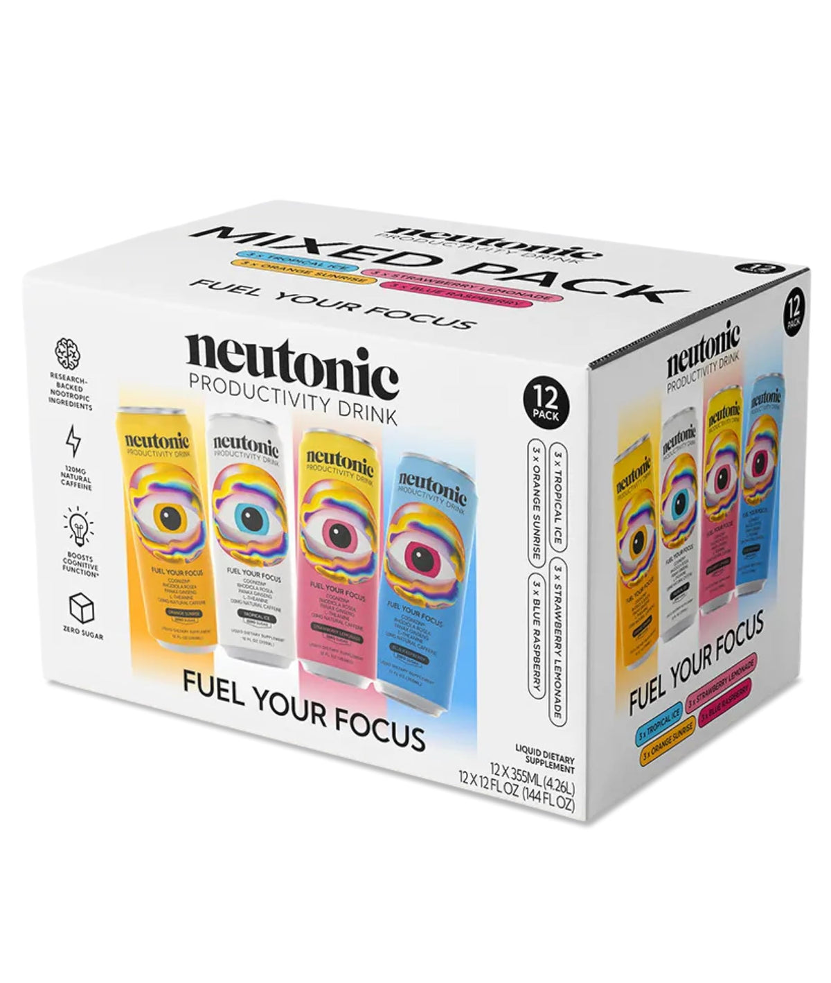 Close view of Neutonic can label showing zero sugar and natural caffeine.