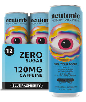 Neutonic blue raspberry 12-pack can display, ideal for focused energy on busy days.