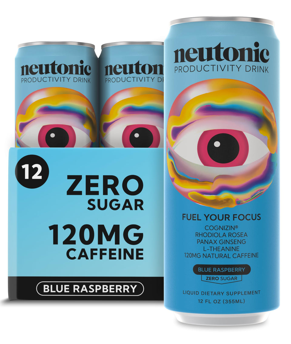 Neutonic blue raspberry 12-pack can display, ideal for focused energy on busy days.