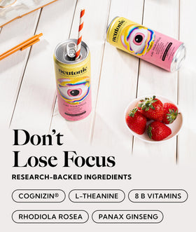Neutonic strawberry lemonade can back label features 120mg natural caffeine